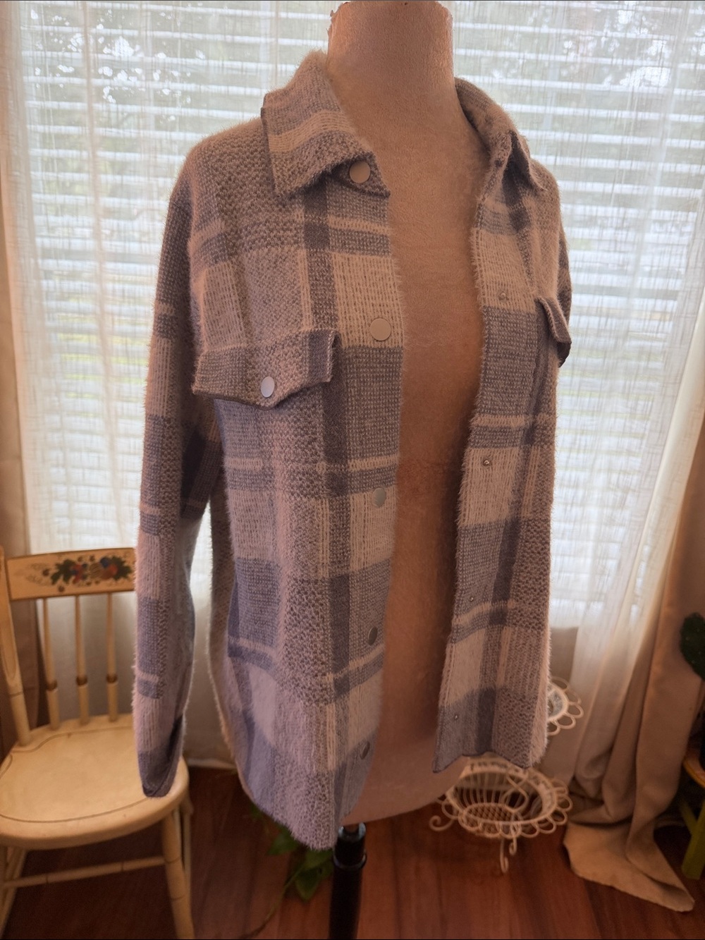 Rachel Zoe Plush Plaid Shacket Jacket - Soft Fuzzy Knit Snap-Button Layer